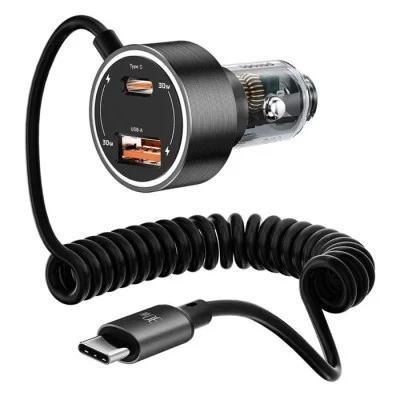 Porodo 60W Transparent Dual Port Car Charger PD 30W QC 18W with Coil- Black